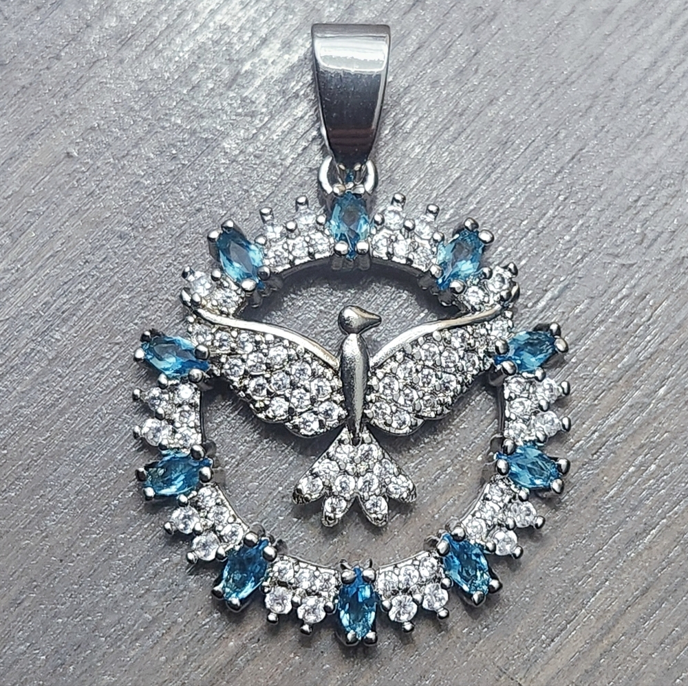 Blue Topaz DOVE Sterling Silver Pendant 1.25" NEW - Picture 4 of 8